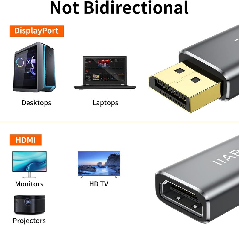 IIABC Displayport to HDMI Adapter 4K 24K Gold Plated Displayport DP to HDMI Female Converter，Uni-Directional Display Port to HDMI Converter Compatible for Lenovo, HP, Dell &More- Grey - Image 3